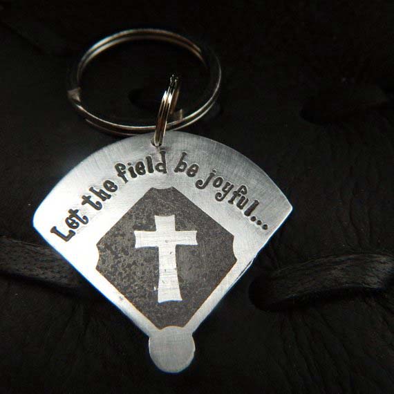 Baseball or Softball Field with Cross Let the fields be Joyful Keychain